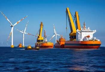 maintenance ships surrounding floating offshore wind turbines sea, vessels, energy, ocean, vicinity, repair, boats, marine, windmills, oceanic, buoyant