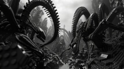 Fototapeta premium Epic battle scene with Xenomorph alien creatures from the movie Alien, created with building blocks. Concept of science fiction, horror, toys, and fandom.