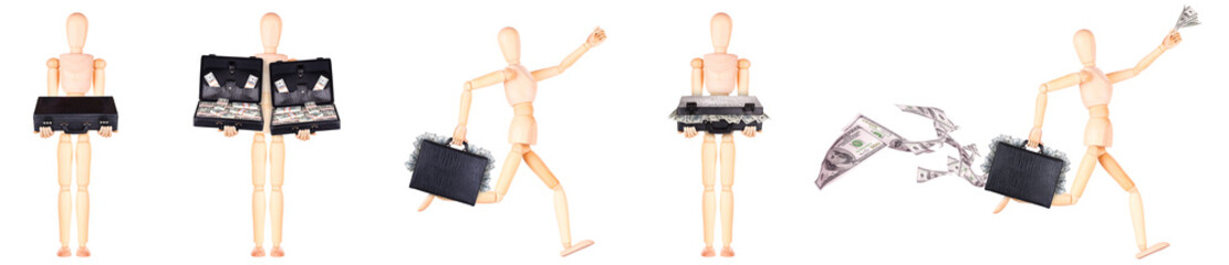 Assortment of wooden mannequins in different stances, isolated on white backdrop