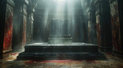 In the dimly lit chamber, a high detailed dark bone decorative podium mockup stood stoically, exuding an aura of ancient power and mystery.