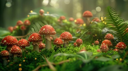 Magical Enchanted Forest Floor with Fly Agaric Mushrooms and Sunbeams. A Fairy Tale Scene