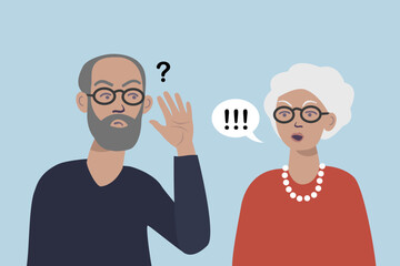 Age-related hearing loss, senior couple having trouble communicating.