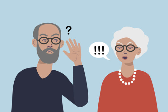 Age-related hearing loss, senior couple having trouble communicating.