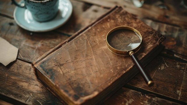 Mockup with closed book magnifying glass and coffee on wooden surface - Powered by Adobe
