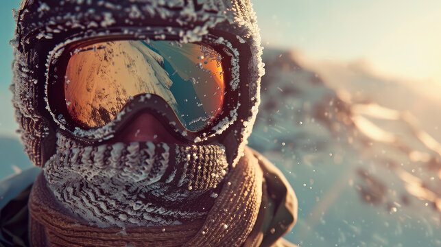 Close-up portrait of  snowboarder skyer in ski helmet and glasses in mountains.