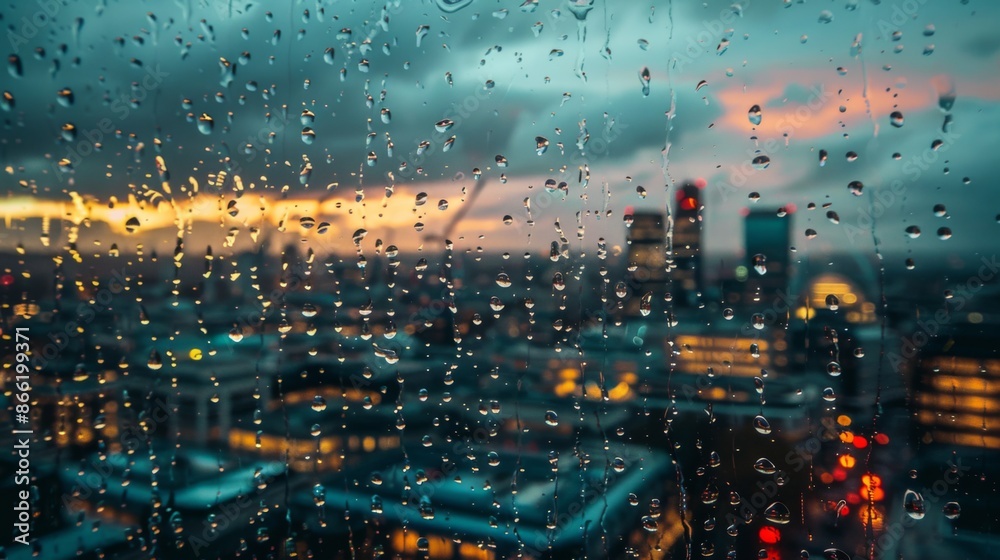 Poster raindrops splashing on a windowpane, distorting the view of a vibrant cityscape beneath cloudy skies