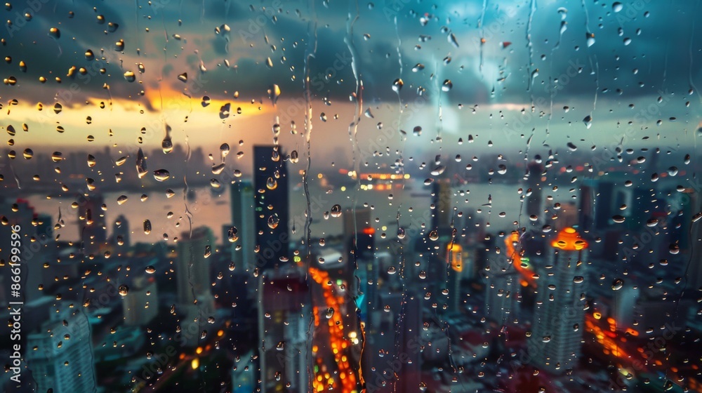 Poster raindrops splashing on a windowpane, distorting the view of a vibrant cityscape beneath cloudy skies