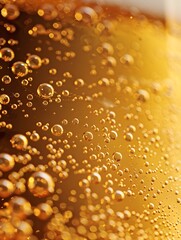 Close up of Sparkling Beer with Glittering Amber Bubbles and Frothy Foam in a Glass
