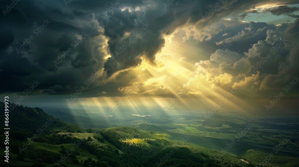 Poster sunlight breaking through dark rain clouds, casting a surreal glow over a lush green landscape below