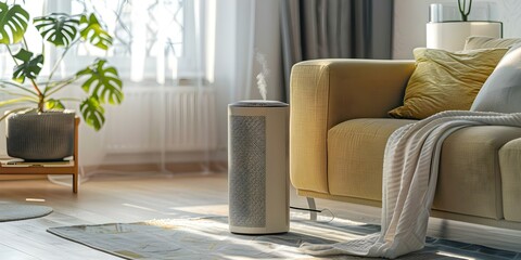 Protect Your Living Room from Pollution with an Air Purifier that Removes Fine Dust. Concept Air Purifiers, Fine Dust Removal, Indoor Air Quality, Living Room Pollution Protection