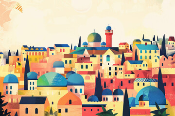 Risograph riso print travel poster, card, wallpaper or banner illustration, modern, isolated, clear and simple of Jerusalem, Israel. Artistic, screen printing, stencil digital duplication