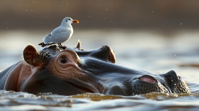 A bird sitting on top of the head of a hippopotamus swimming in the water.
