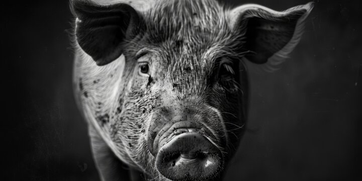 A black and white photo of a pig's face with its nose to the side of the pig's head
