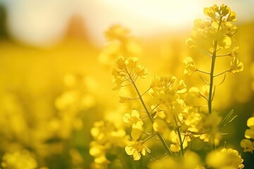 Obraz premium Rapeseed field detail rapeseed sunlight outdoors. 