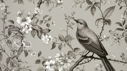 an elegant and perfectly evenly balanced pattern of birds, flowers, and vines in the vintage wallpaper style.seamless patterns.
