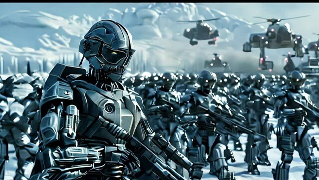 A high-resolution panoramic photo of SkyNet's combat force, including T-800 Terminators and HK-1 ground and aerial equipment, emphasizing realistic detail and aesthetic appeal.