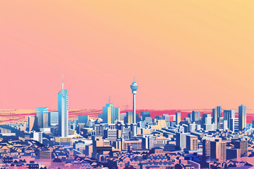 Fototapeta premium Risograph riso print travel poster, card, wallpaper or banner illustration, modern, isolated, clear and simple of Johannesburg, South Africa. Artistic, screen printing, stencil digital duplication