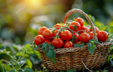 A basket full of ripe red tomatoes. The basket is placed on the ground, surrounded by green leaves