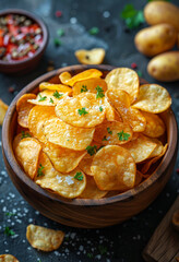 A bowl of chips with parsley on top. The bowl is on a table with a few other items