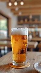 Golden Amber Beer in a Frosty Glass on Wooden Table at Cozy Bar or Pub
