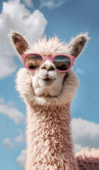 Obraz premium Realistic image funny fluffy alpaca with sunglasses over blue sky and clouds background. Fashion portrait of an alpaca with hipster sunglasses over. Ecotourism , animal concept.