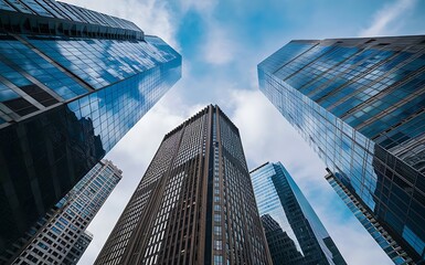 Reflective skyscrapers, business office buildings.