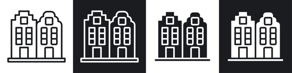 Amsterdam icon set. holland city house building vector symbol. dutch skyline sign. europe london buildings icon set in black filled and outlined style.