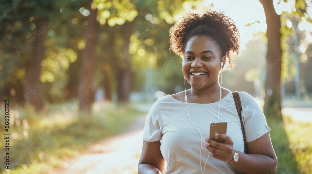 Wall mural a plus-sized african american woman walks through a park, smiling brightly as she listens to music o