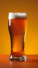 Frosty Amber Beer in Transparent Glass with Clear Space