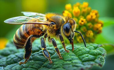 Fototapeta premium A bee is standing on a leaf, looking at the camera