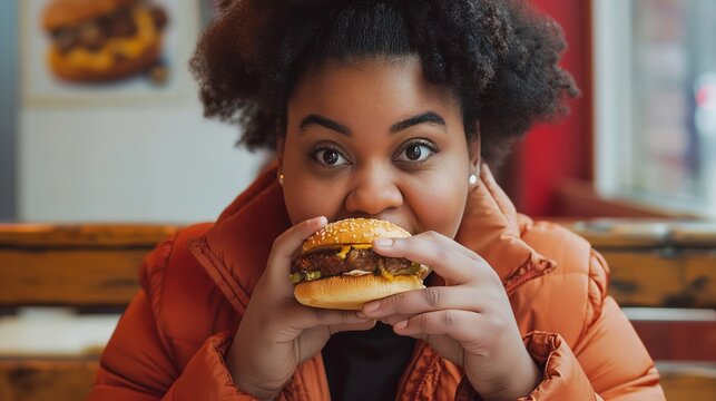 close-up portrait of a beautiful young african american woman enjoying a hamburger in a fast food restaurant, focusing on her big eyes and juicy burger
