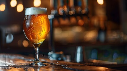 Amber colored Beer Pint Glass on Wooden Bar Counter in Cozy Pub or Bar Setting