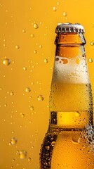 Close Up Image of a Refreshing Golden Beer Bottle with Bubbly Foam