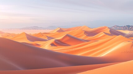 Naklejka premium A vast nature sand dune with rolling waves of sand and a clear blue sky, the sunlight creating dramatic shadows