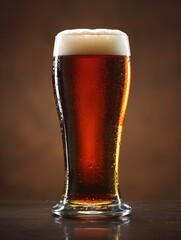 Frosty Glass of Amber Craft Beer on Rustic Wooden Table