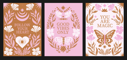 Abstract bohemian mystic background with motivational phrase. Set of poster with magic butterfly branch plant. Pink and gold colors