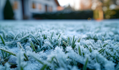 A snowy field with frosted grass and a house in the background