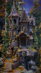 Fototapeta premium Enchanted Forest Hideaway. Fairy Tale Cottage with Glowing Windows at Night