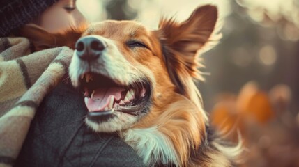 A dog is laughing while being hug by a human