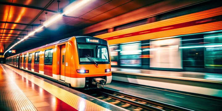 A vibrant orange and red subway train speeds through a modern, brightly lit station, showcasing the energy and efficiency of urban public transportation.