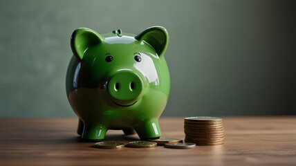 Green pig piggy bank and coin stack on a table, Save money and financial investment.