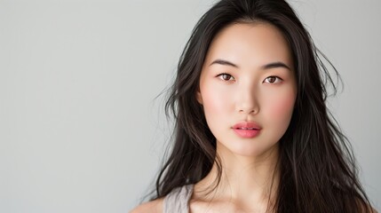 Fototapeta premium portrait of asian woman with long hair, neutral makeup, looking directly at camera against plain white background, soft lighting highlighting features