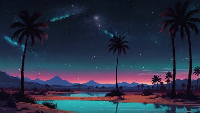 A lush oasis in the middle of a vast, sandy desert. Palm trees sway gently, and a crystal-clear pond reflects the stars as night falls, zoom OBS, lo-fi beat plays Music background, night love 4K