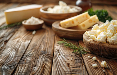 A wooden table with a variety of cheeses and herbs. The table is covered with a wooden bowl of cheese and a bowl of herbs