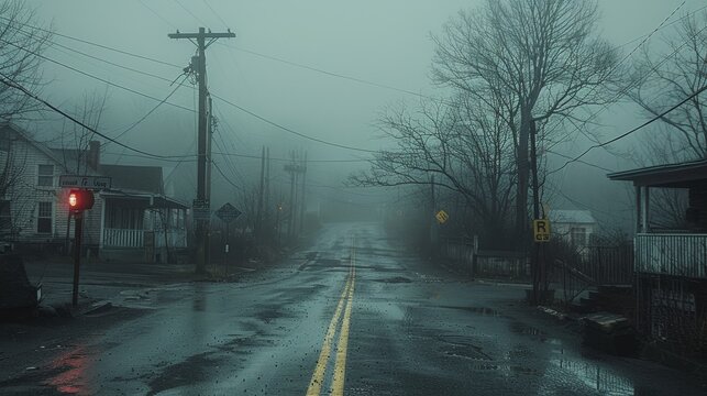 A dark and foggy street in a small town, with minimal visibility and an unsettling atmosphere.