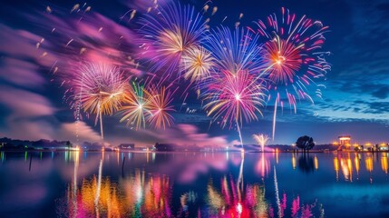 Fototapeta premium A dazzling display of colorful fireworks illuminating the night sky over a tranquil lake, with reflections shimmering on the water