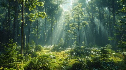 Obraz premium A dense forest with sunlight filtering through the trees, creating dappled light on the forest floor.