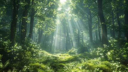 Obraz premium A dense forest with sunlight filtering through the trees, creating dappled light on the forest floor.