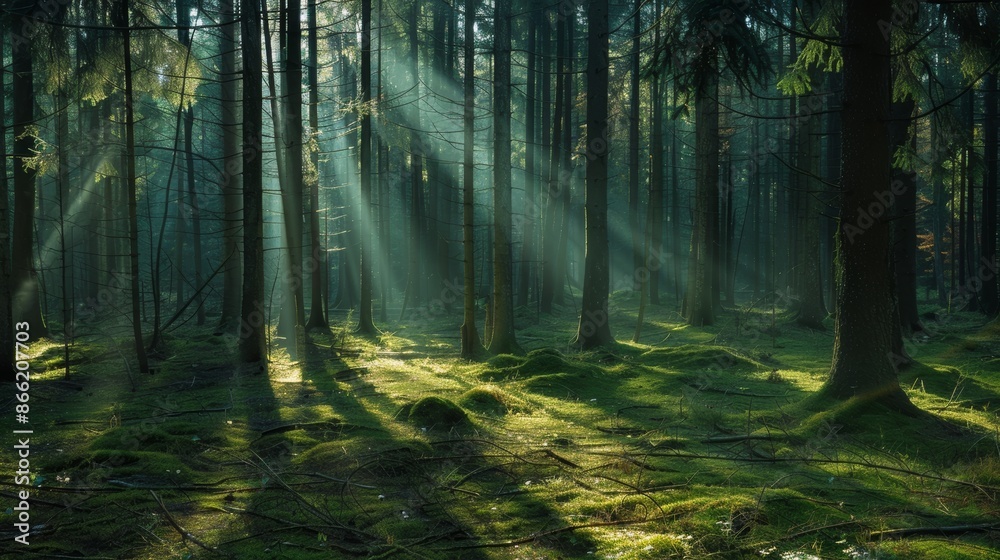 Poster a dense forest with sunlight streaming through the tall trees, casting long shadows on the forest fl