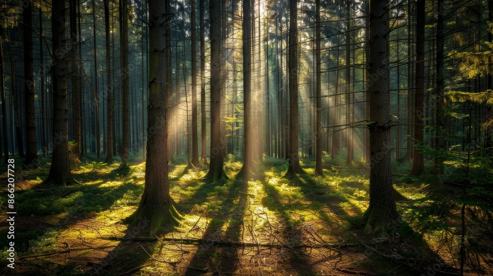 Poster a dense forest with sunlight streaming through the tall trees, casting long shadows on the forest fl